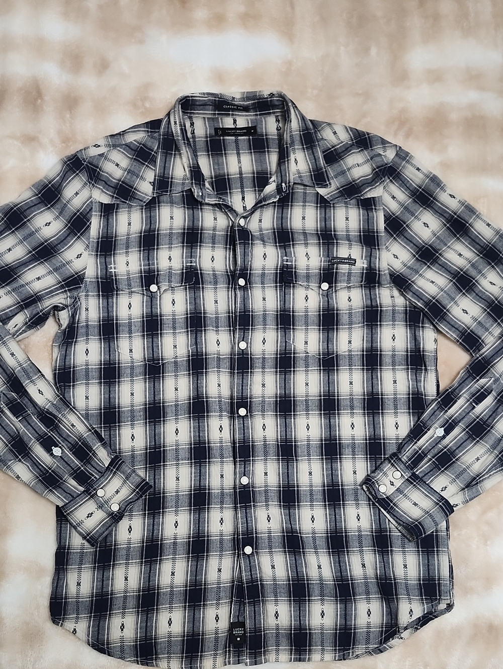 Lucky Brand Indigo/Navy Plaid Western Snap Button-Up Collar Shirt Retro Cowboy